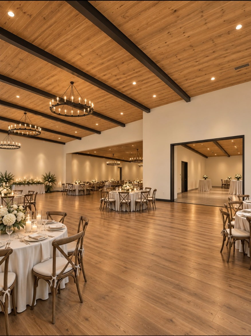 Indoor reception space with chandeliers and dining tables